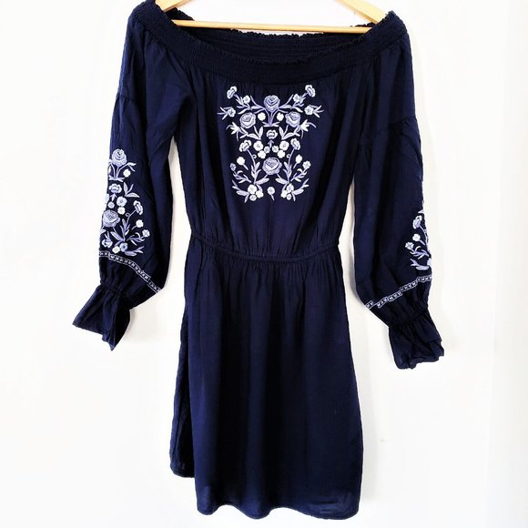 Hollister Dresses & Skirts - HOLLISTER Women Off Shoulder Navy Mini Dress Embroidery Boho Flowy